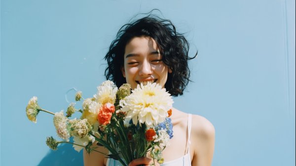 嬉しそうに花束を持つ女性のポートレート写真風 no.8