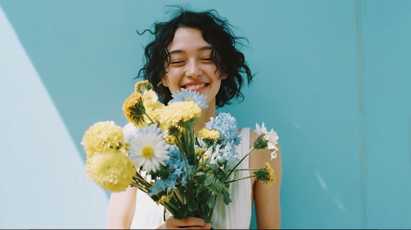 嬉しそうに花束を持つ女性のポートレート写真風 no.9