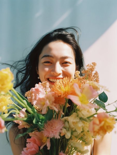 嬉しそうに花束を持つ女性のポートレート写真風 no.10