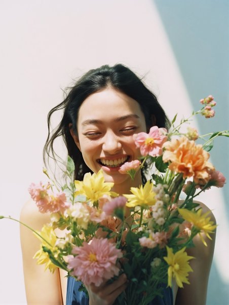 嬉しそうに花束を持つ女性のポートレート写真風 no.19