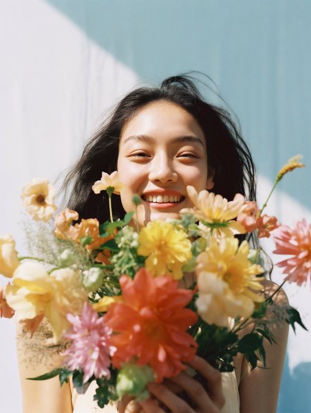 嬉しそうに花束を持つ女性のポートレート写真風 no.20
