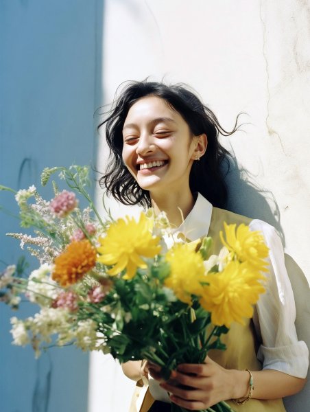 嬉しそうに花束を持つ女性のポートレート写真風 no.21