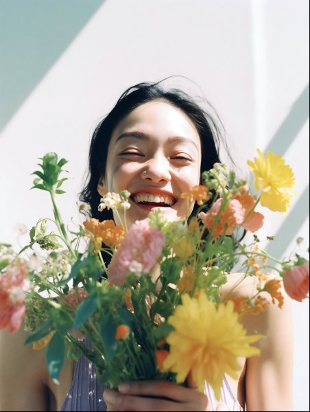 嬉しそうに花束を持つ女性のポートレート写真風 no.22