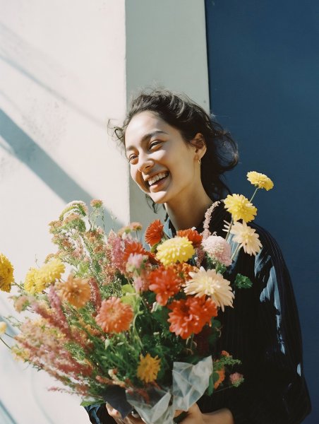 嬉しそうに花束を持つ女性のポートレート写真風 no.23