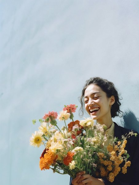 嬉しそうに花束を持つ女性のポートレート写真風 no.24