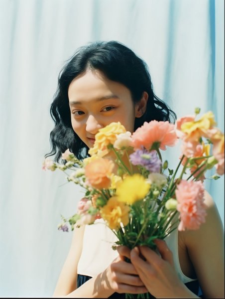 嬉しそうに花束を持つ女性のポートレート写真風 no.11