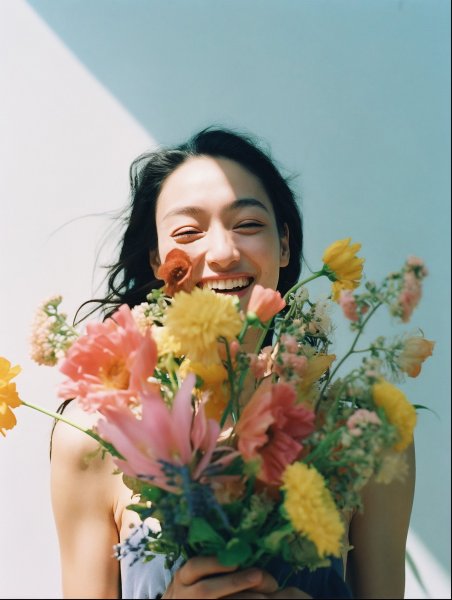嬉しそうに花束を持つ女性のポートレート写真風 no.12