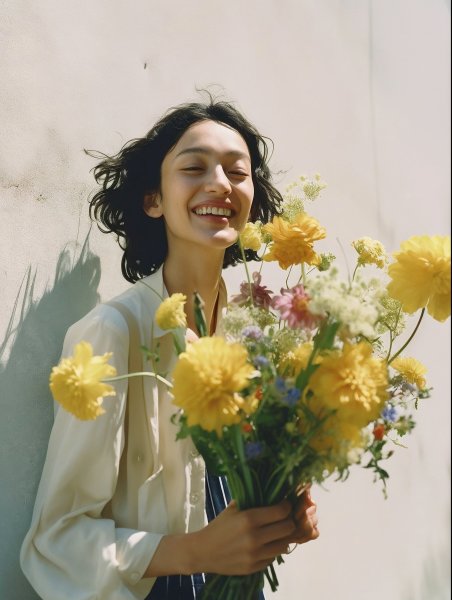 嬉しそうに花束を持つ女性のポートレート写真風 no.13