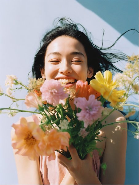 嬉しそうに花束を持つ女性のポートレート写真風 no.14