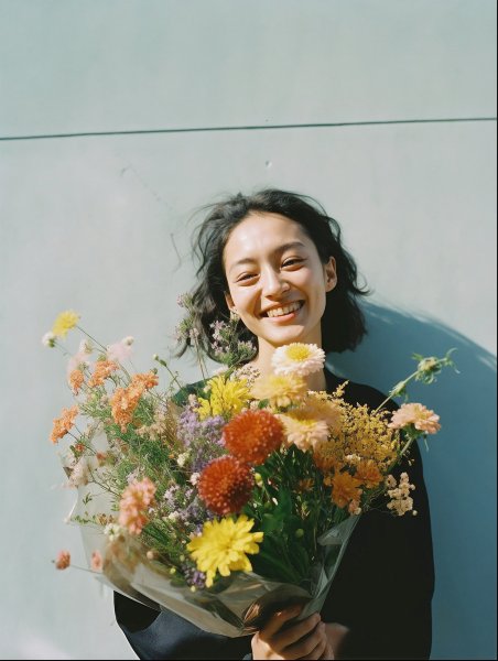 嬉しそうに花束を持つ女性のポートレート写真風 no.15
