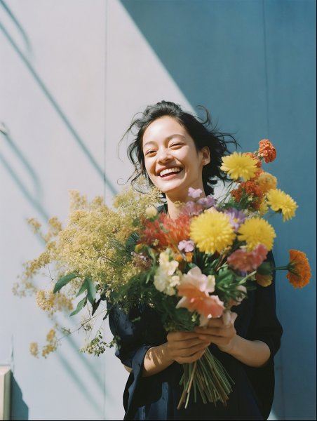 嬉しそうに花束を持つ女性のポートレート写真風 no.16