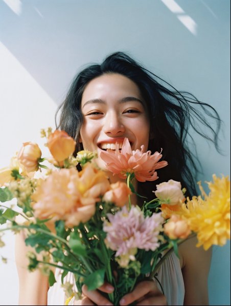 嬉しそうに花束を持つ女性のポートレート写真風 no.17