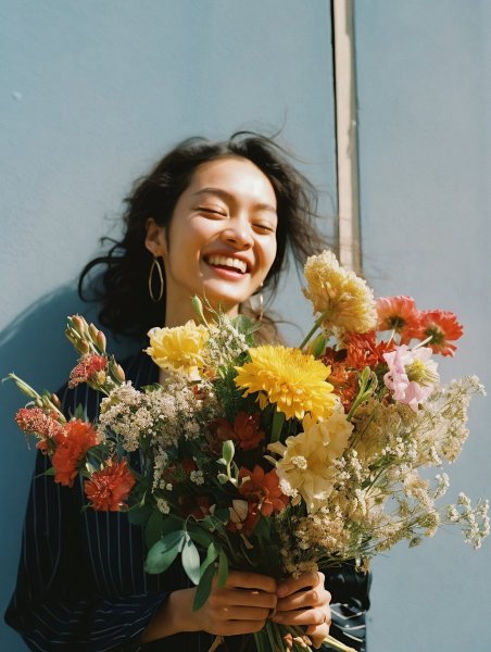 嬉しそうに花束を持つ女性のポートレート写真風 no.18