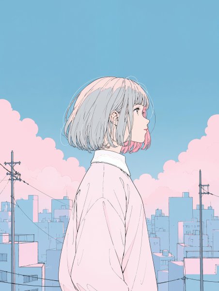 街中で綺麗な空を見上げる女の子のイラスト no.1