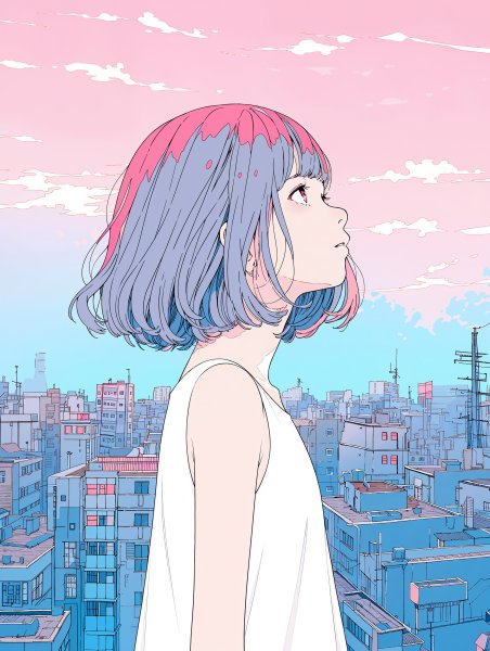 街中で綺麗な空を見上げる女の子のイラスト no.2