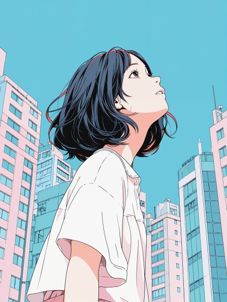 街中で綺麗な空を見上げる女の子のイラスト no.4