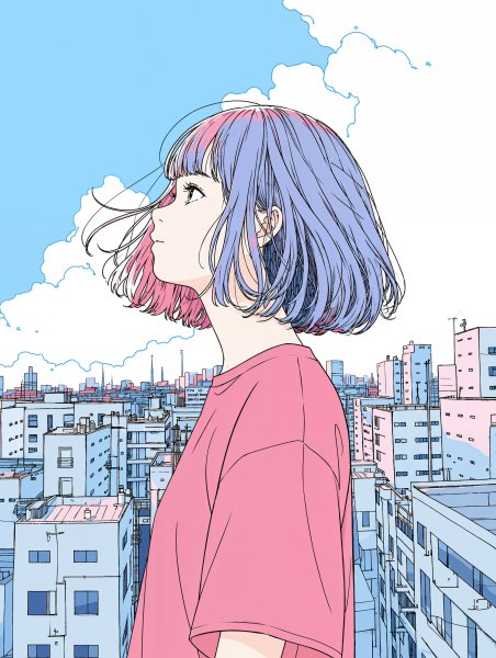 街中で綺麗な空を見上げる女の子のイラスト no.5