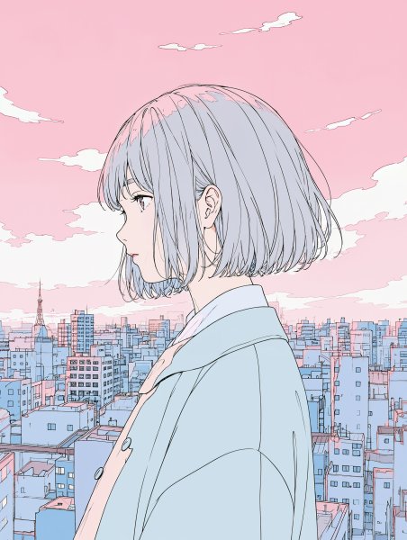 街中で綺麗な空を見上げる女の子のイラスト no.6