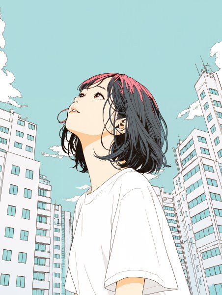 街中で綺麗な空を見上げる女の子のイラスト no.7
